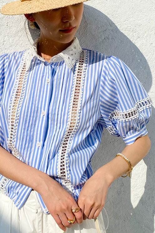 Chic Stripe Lace Puff Sleeve Blouse image 3