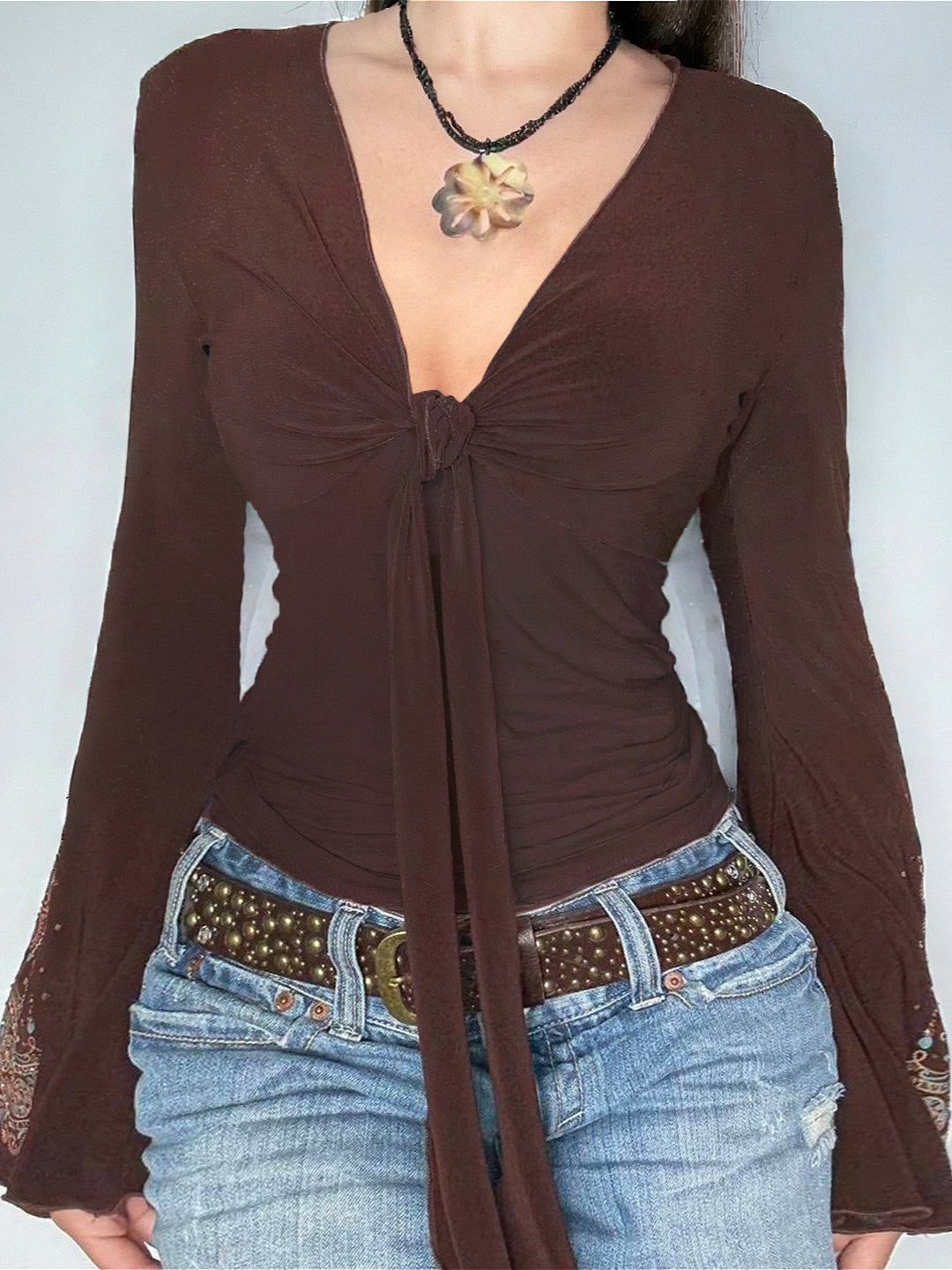 Vintage V Neck Printed Long Sleeve Long Sleeve Tee image 2