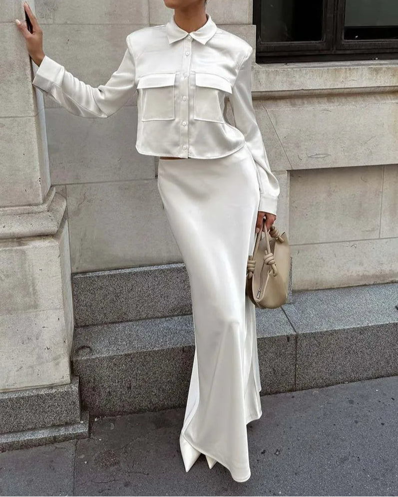 White Slim Lapel Floor Skirt Office Two Piece Set image 1
