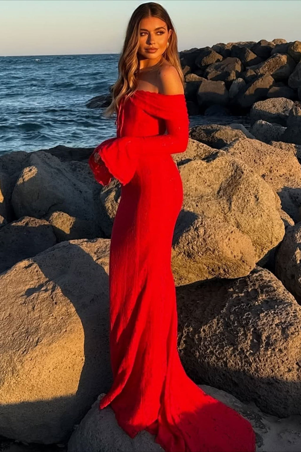 Off Shoulder Lace Flare Sleeve Fitted Train Elegant Maxi Dress image 11