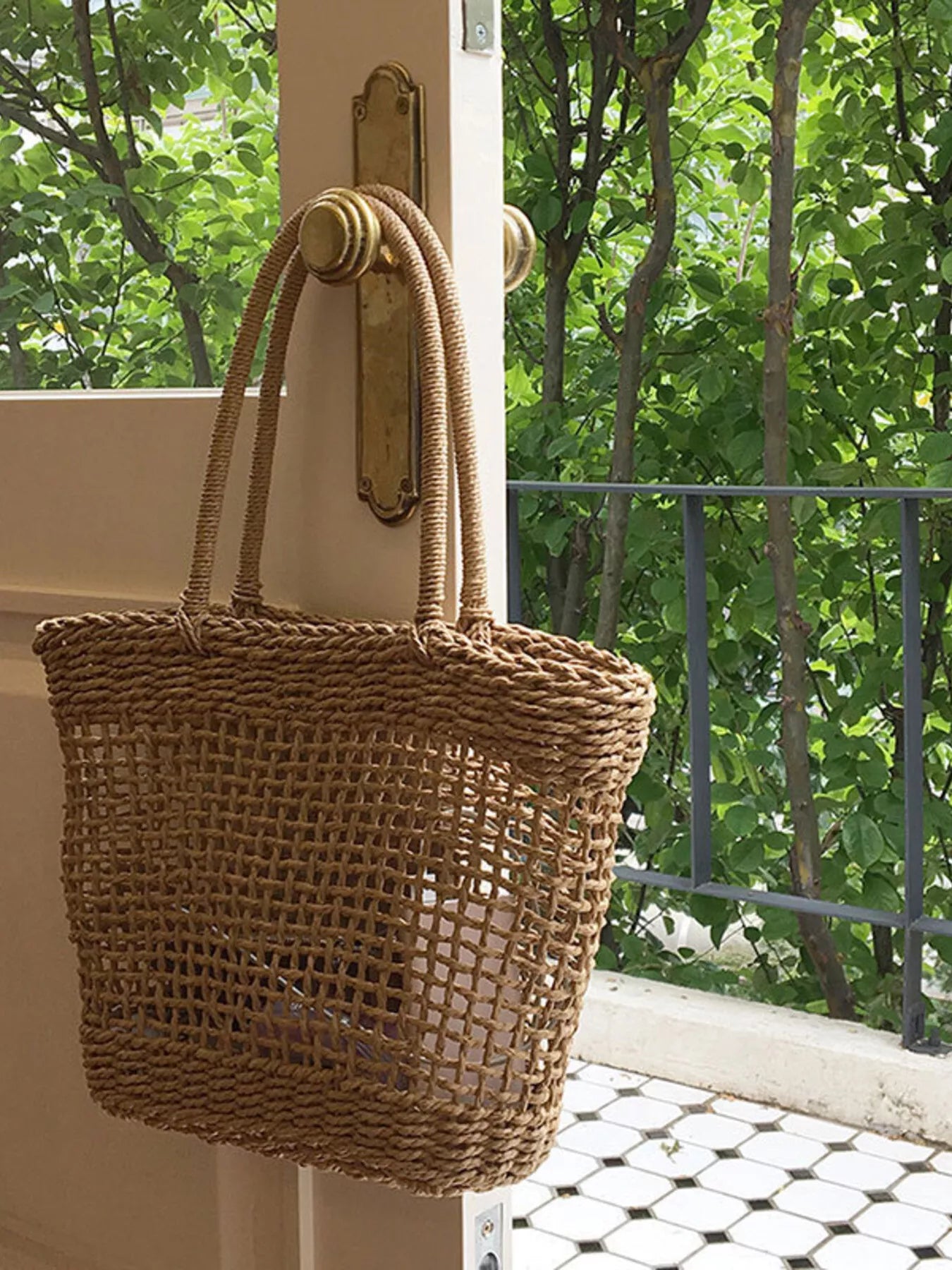 Viola Woven Bag detail view styled for Avrienne