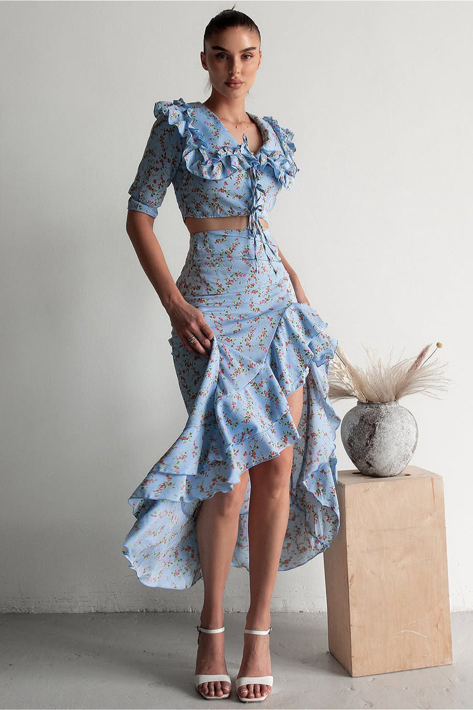 Floral Light Blue Ruffled Split Midi Skirt Two Piece Set image 1
