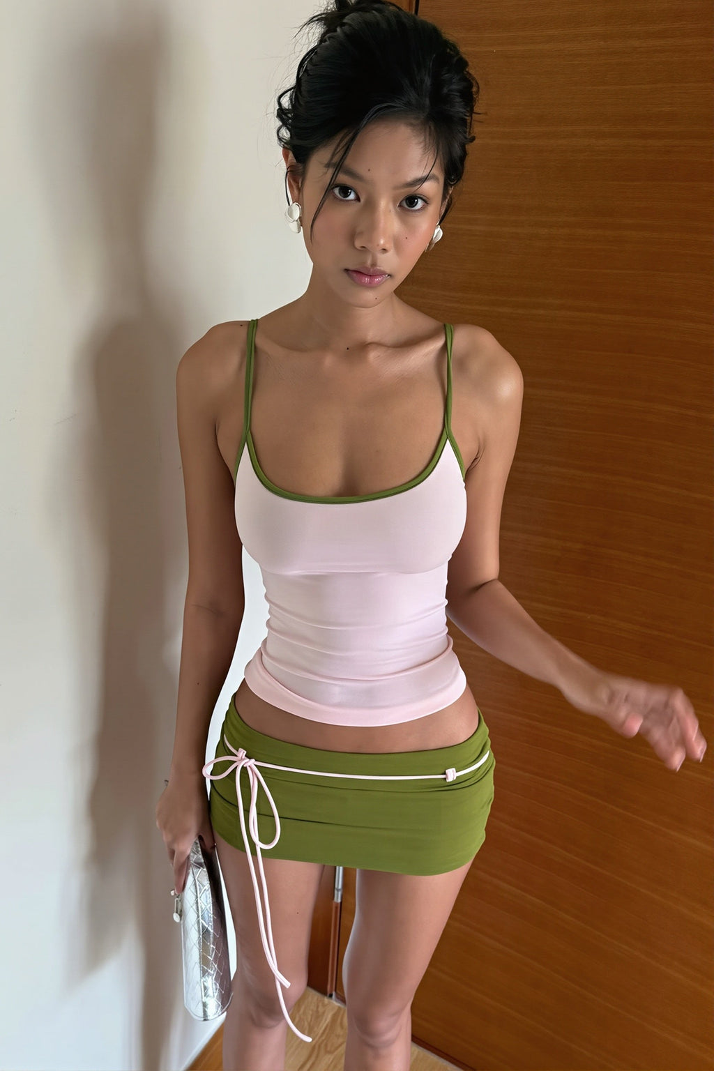 Sexy Contrast Panel Shirred Cami Low Rise Skirt Sets image 4