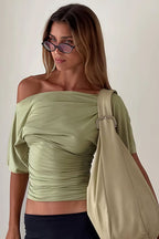 Chic Solid Off Shoulder Shirred Waist T-shirt image 7