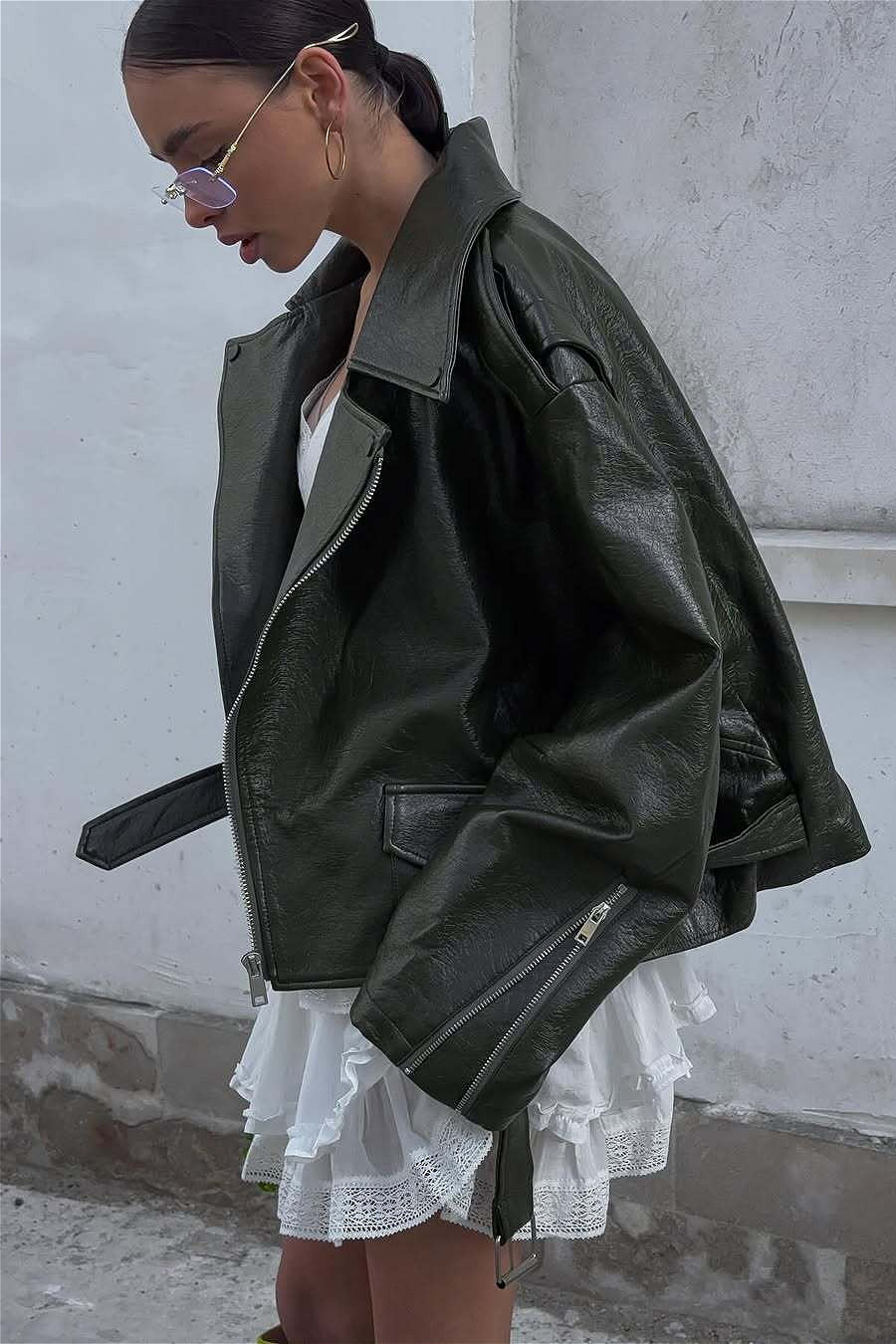 Zip Up Green Leather Moto Jacket image 4