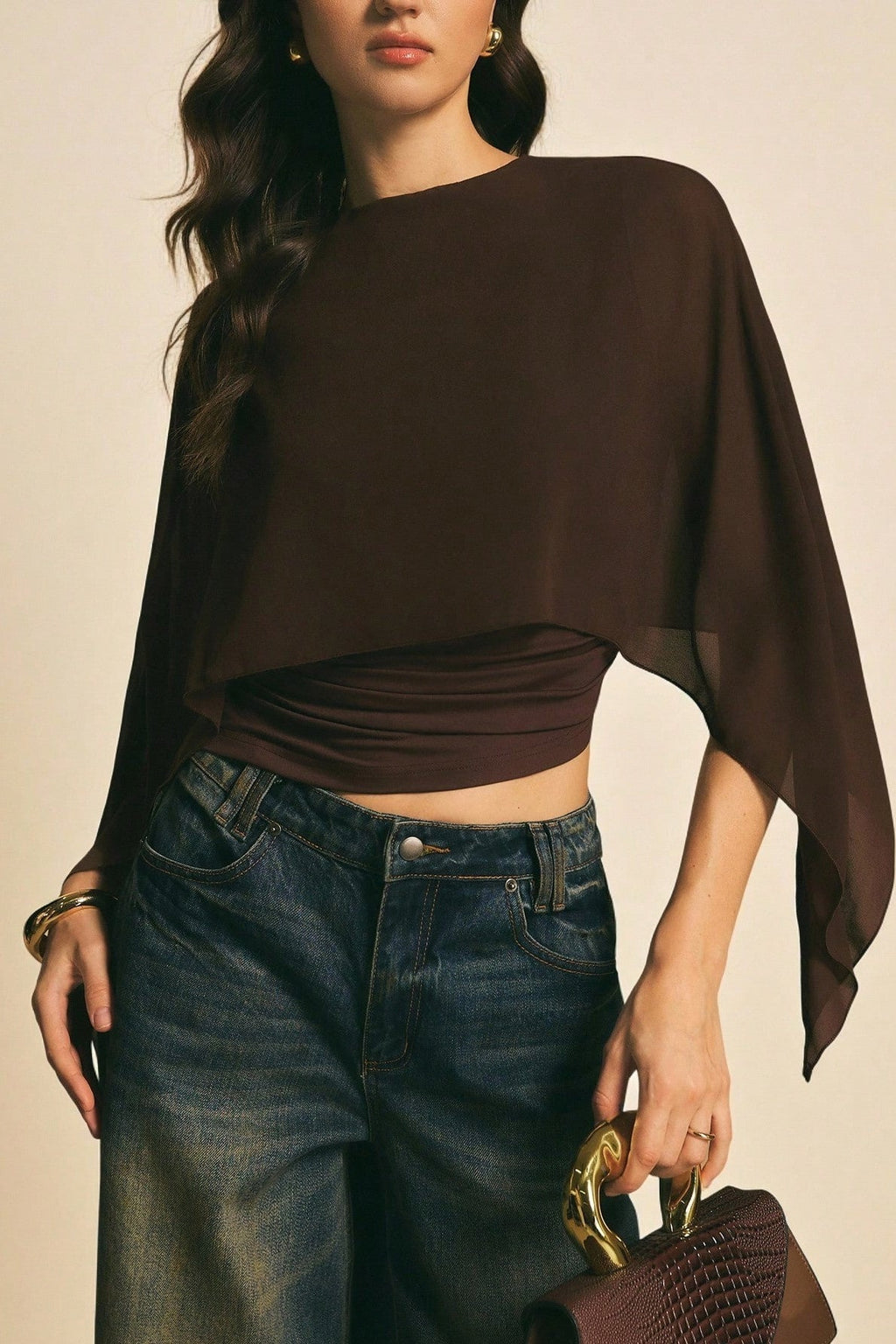 Chiffon Cape Sleeve Irregular Hem Blous image 2