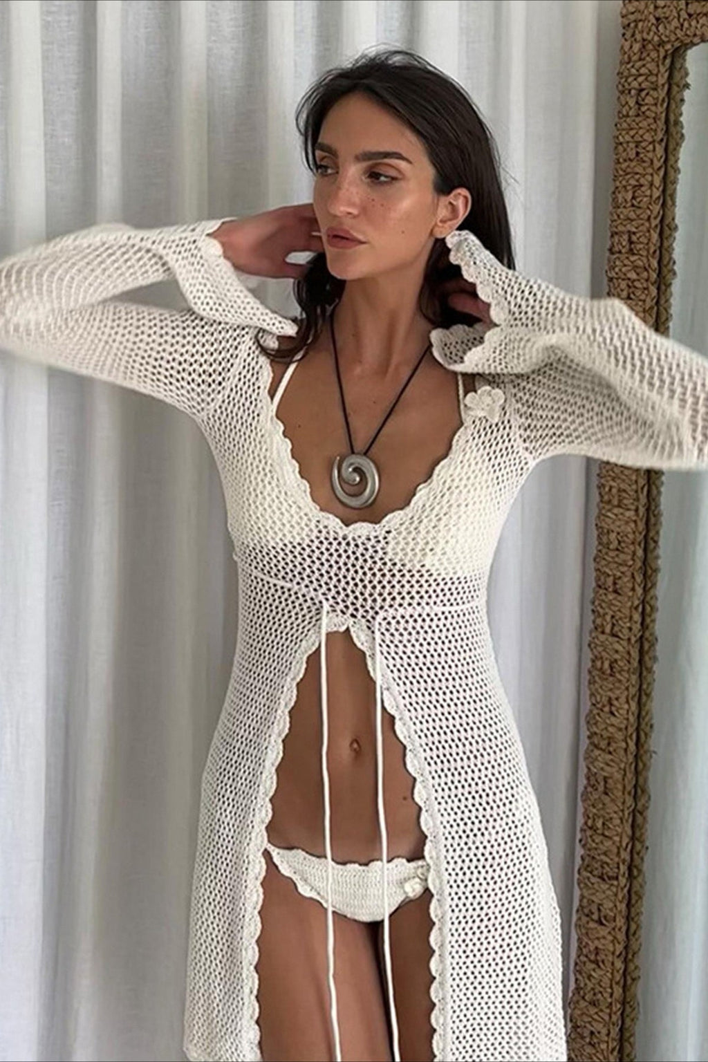 Solid Sexy V Neck Tie Knit Hollow Blouse image 7
