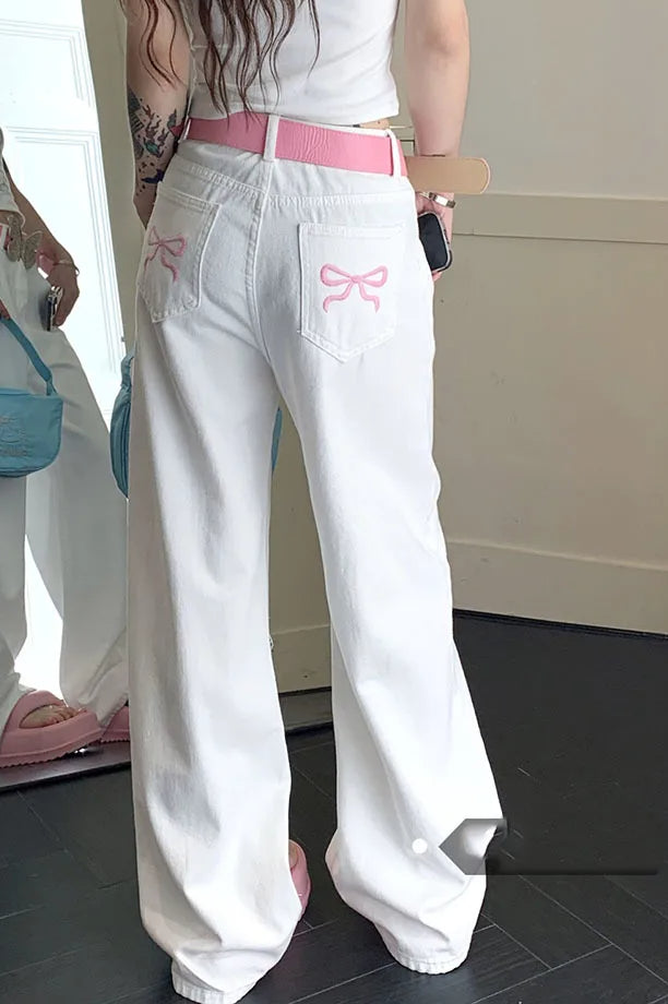 Embroidered Pink Bow Wide Leg Jeans image 16