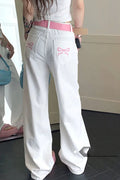 Embroidered Pink Bow Wide Leg Jeans image 1