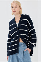 Flattering Striped V Neck Relaxed Knit Cardigan image 6