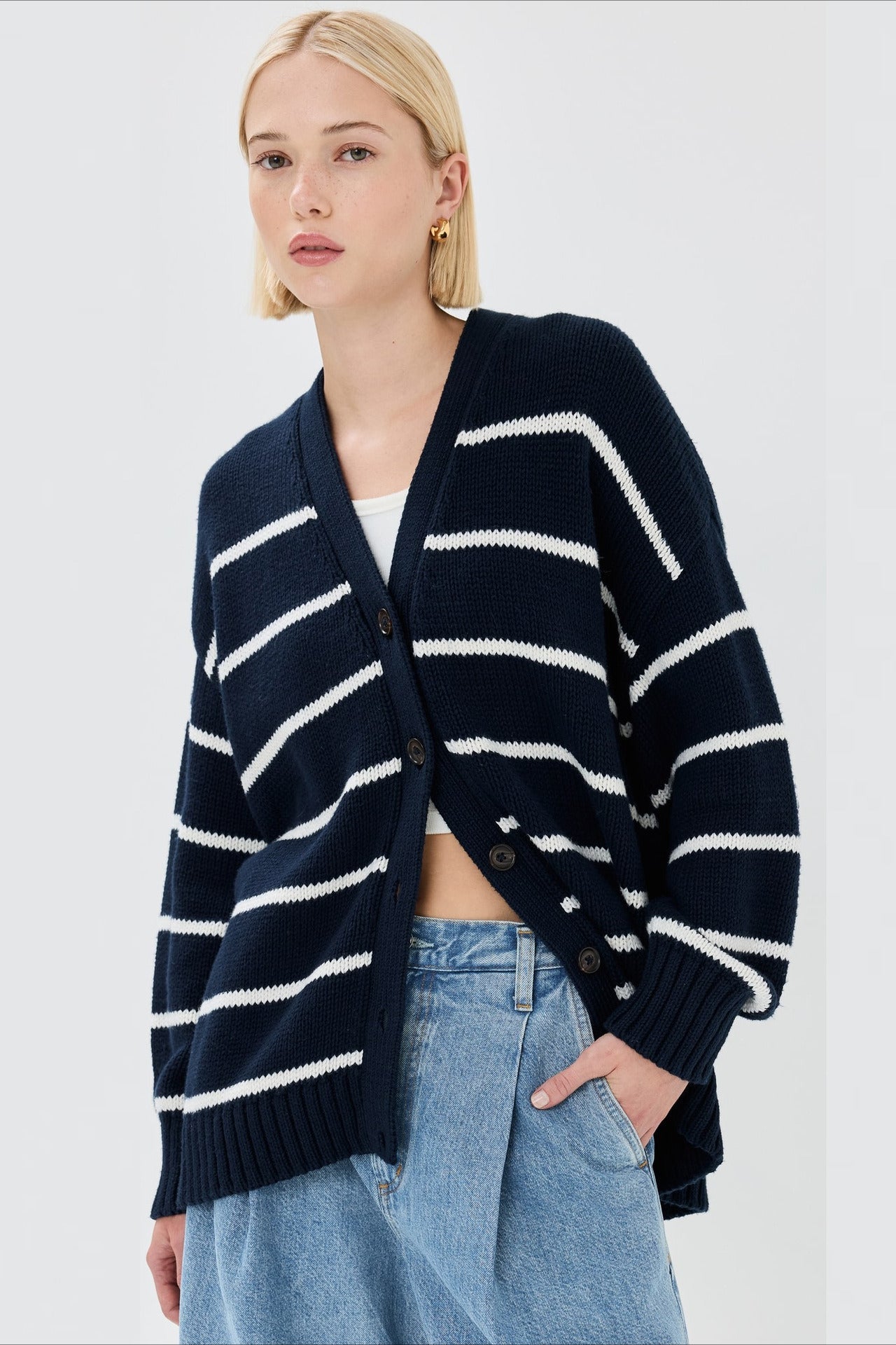 Flattering Striped V Neck Relaxed Knit Cardigan image 6