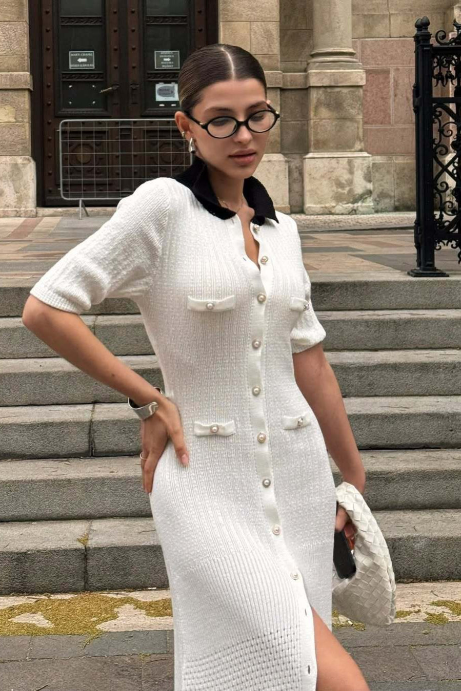 Single Breasted V Neck Knitted Slit Peter Pan Collar Midi Dress image 11