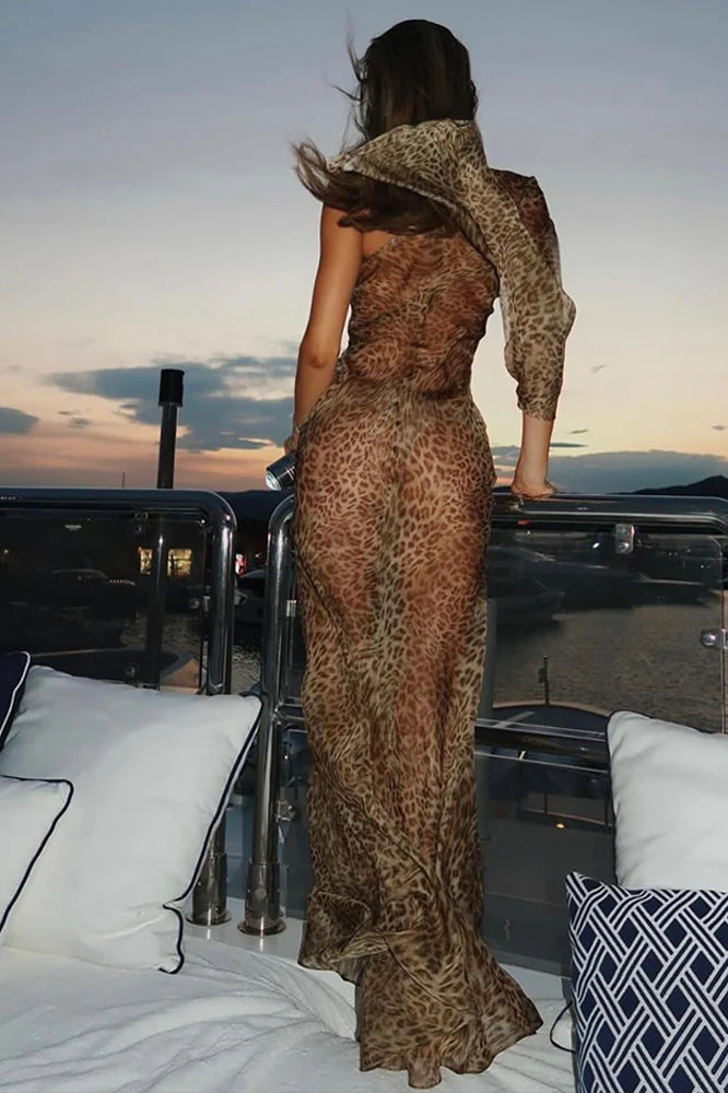 Leopard Print Sexy Spice Girl Slanted Shoulder Maxi Dress image 5