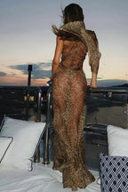 Leopard Print Sexy Spice Girl Slanted Shoulder Maxi Dress image 5
