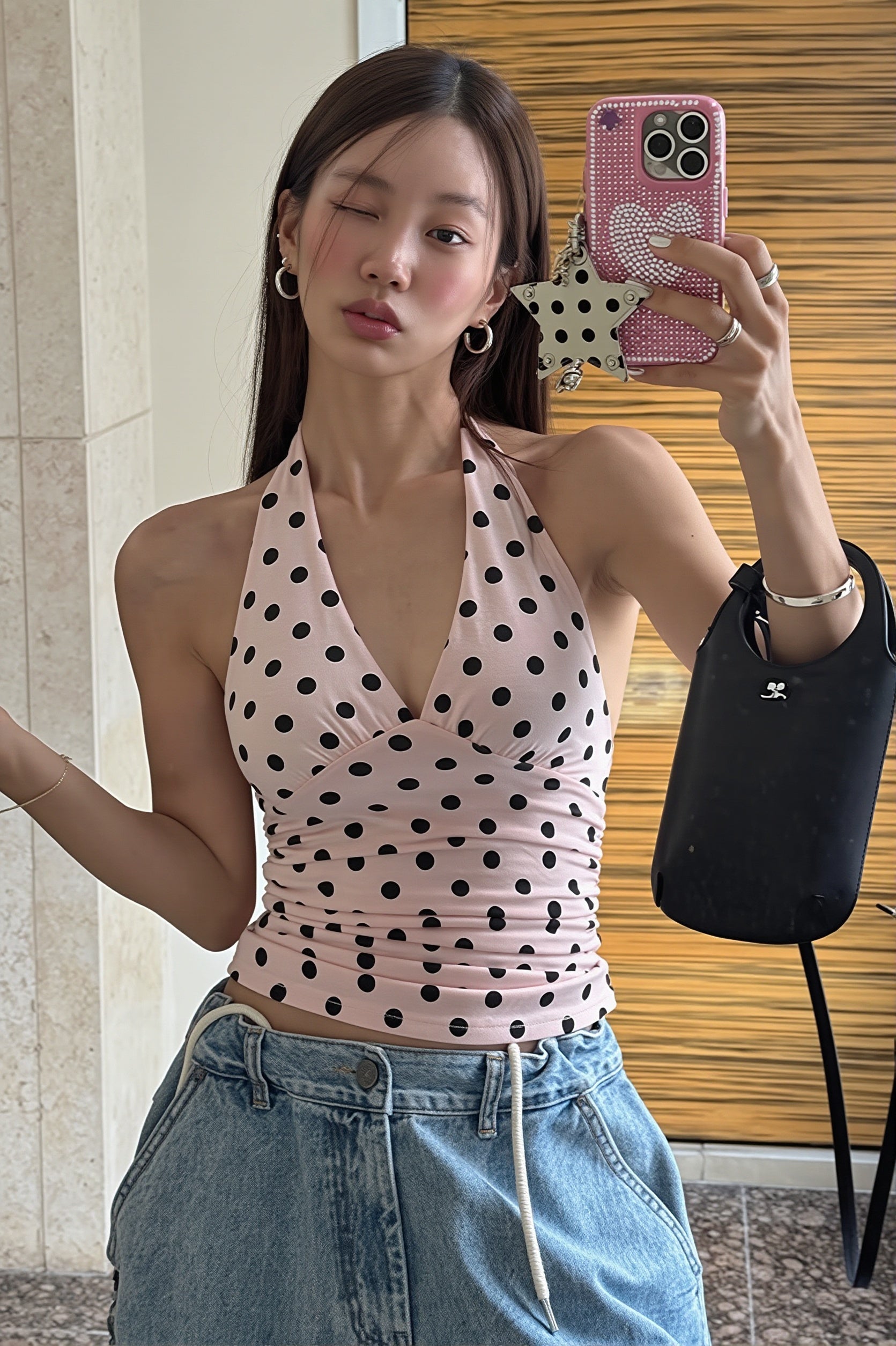 Chic Polka Dot Backless Halter Bodycon Layering Halter Top image 1