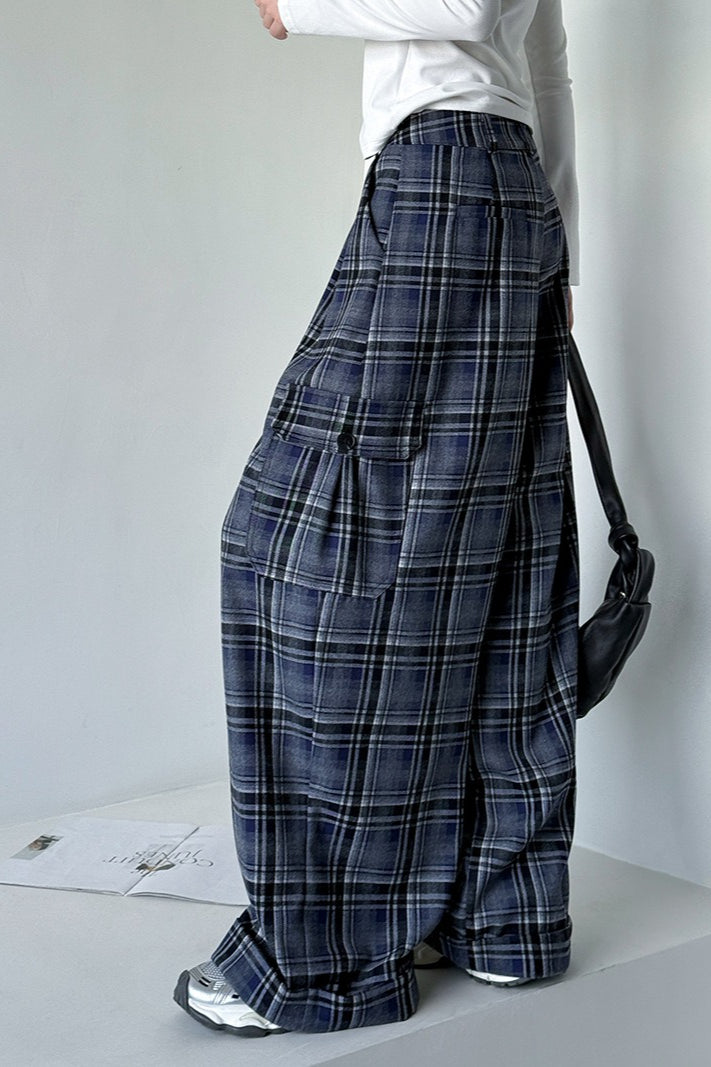 Retro Colorblock Plaid Casual Straight Pants image 6