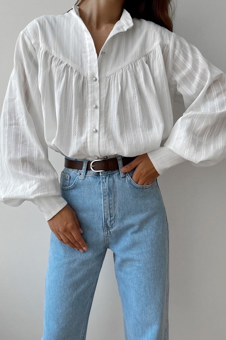 White Cotton Jacquard Stand Collar Blouse image 4