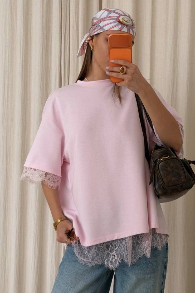 Minimalist Sweet Lace Splice Short Sleeve T-shirt image 2