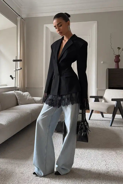 Black Lace Paneled Long Sleeve Waist-Cinched Soft Blazer image 2