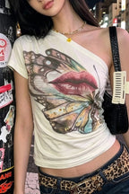 Butterfly Lips Print Off‑Shoulder T‑shirt image 3