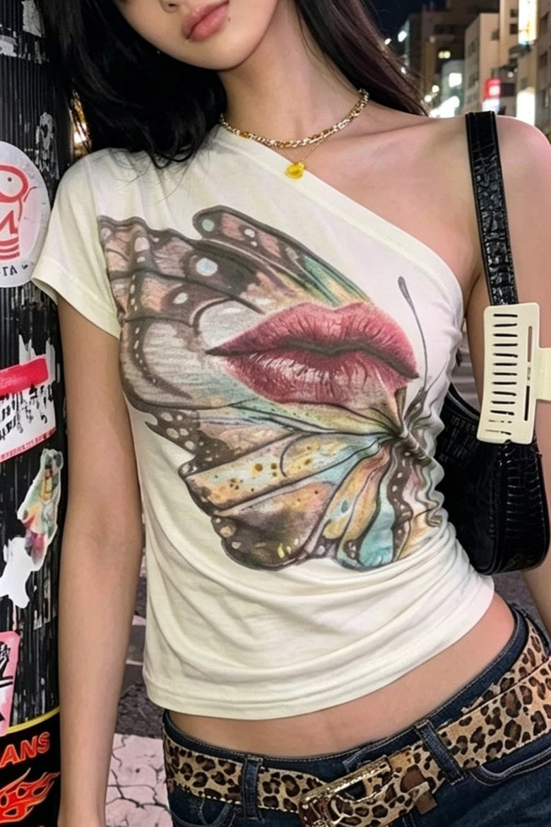Butterfly Lips Print Off‑Shoulder T‑shirt image 3