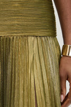 Metallic Pleated Halter Backless Tie Slit Maxi Dress image 4