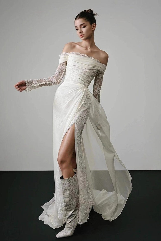 Long Sleeve Lace Off Shoulder Reception Dress image 1