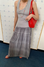 High-Waisted A-Line Mesh Plaid Maxi Skirt image 3