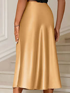 Seraphine Satin Skirt detail view styled for Avrienne