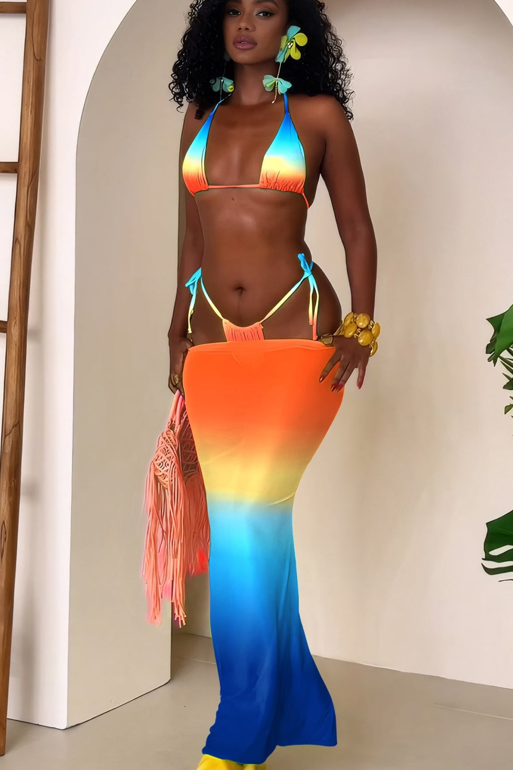 Ombre Halter Backless Three Piece Swim Set image 6