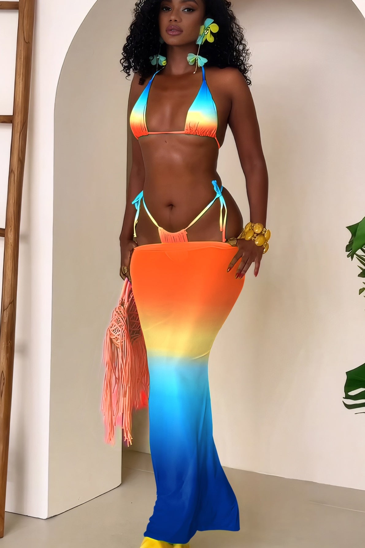 Ombre Halter Backless Three Piece Swim Set image 6