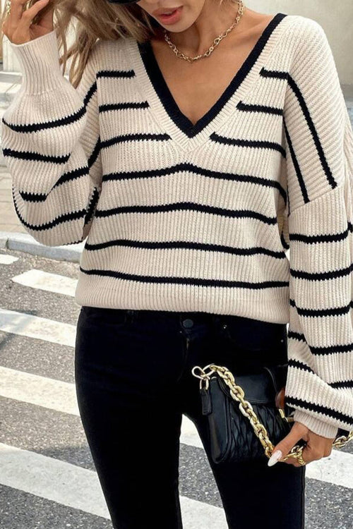 Chic Striped V Neck Back Bow Long Sleeve Knit Sweater image 2