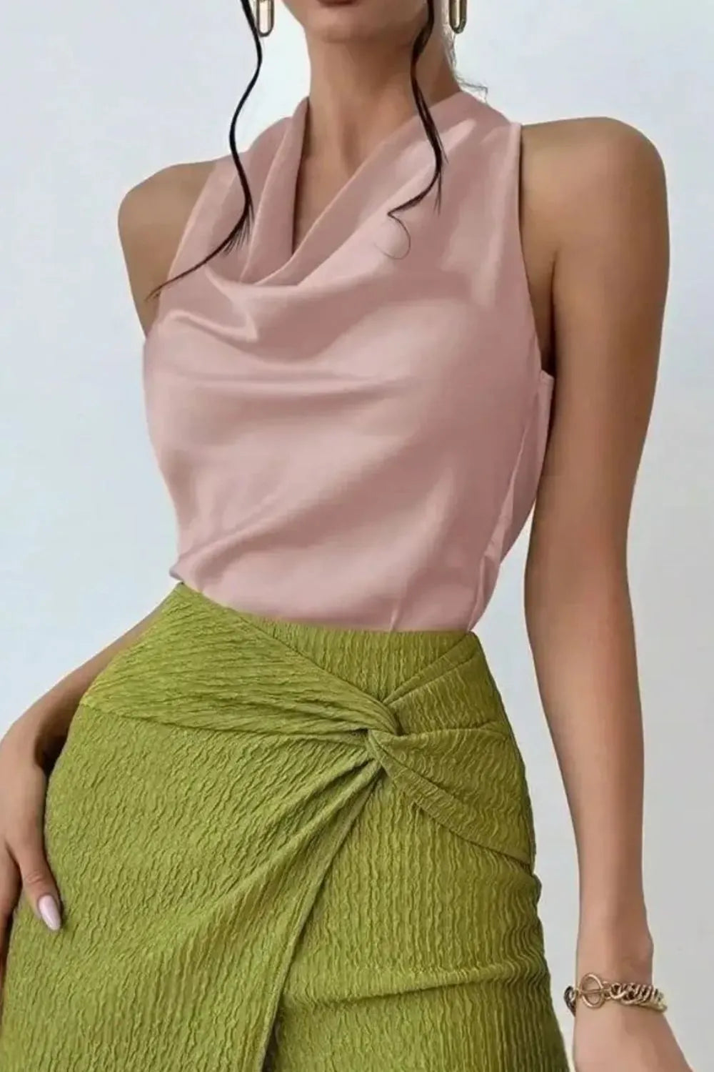 Cassia Satin Blouse detail view styled for Avrienne