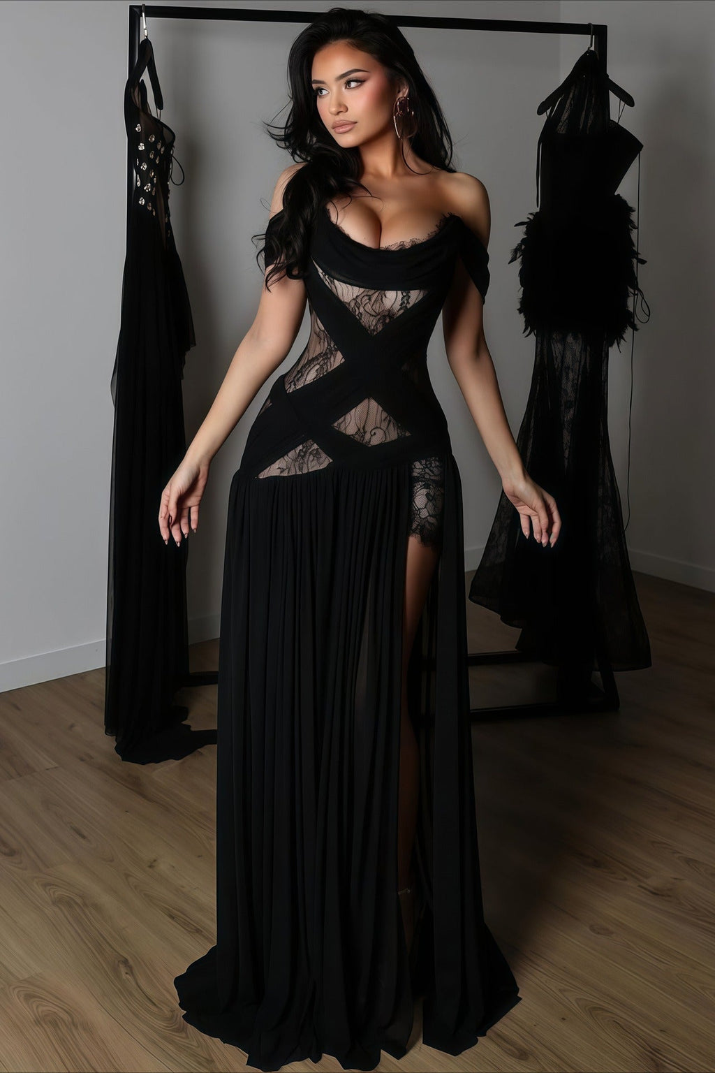 Sexy Lace Patchwork Cutout Sheer Slit Maxi Dress image 1