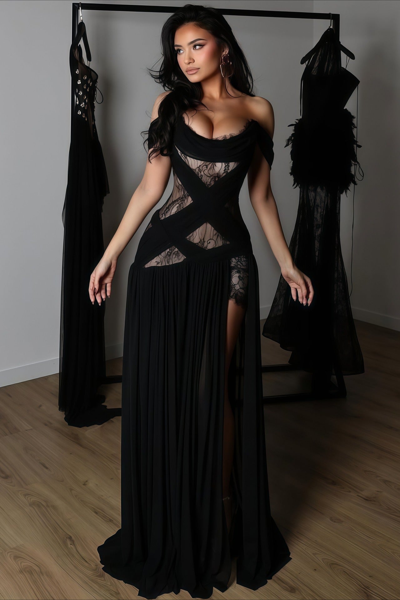 Sexy Lace Patchwork Cutout Sheer Slit Maxi Dress image 1