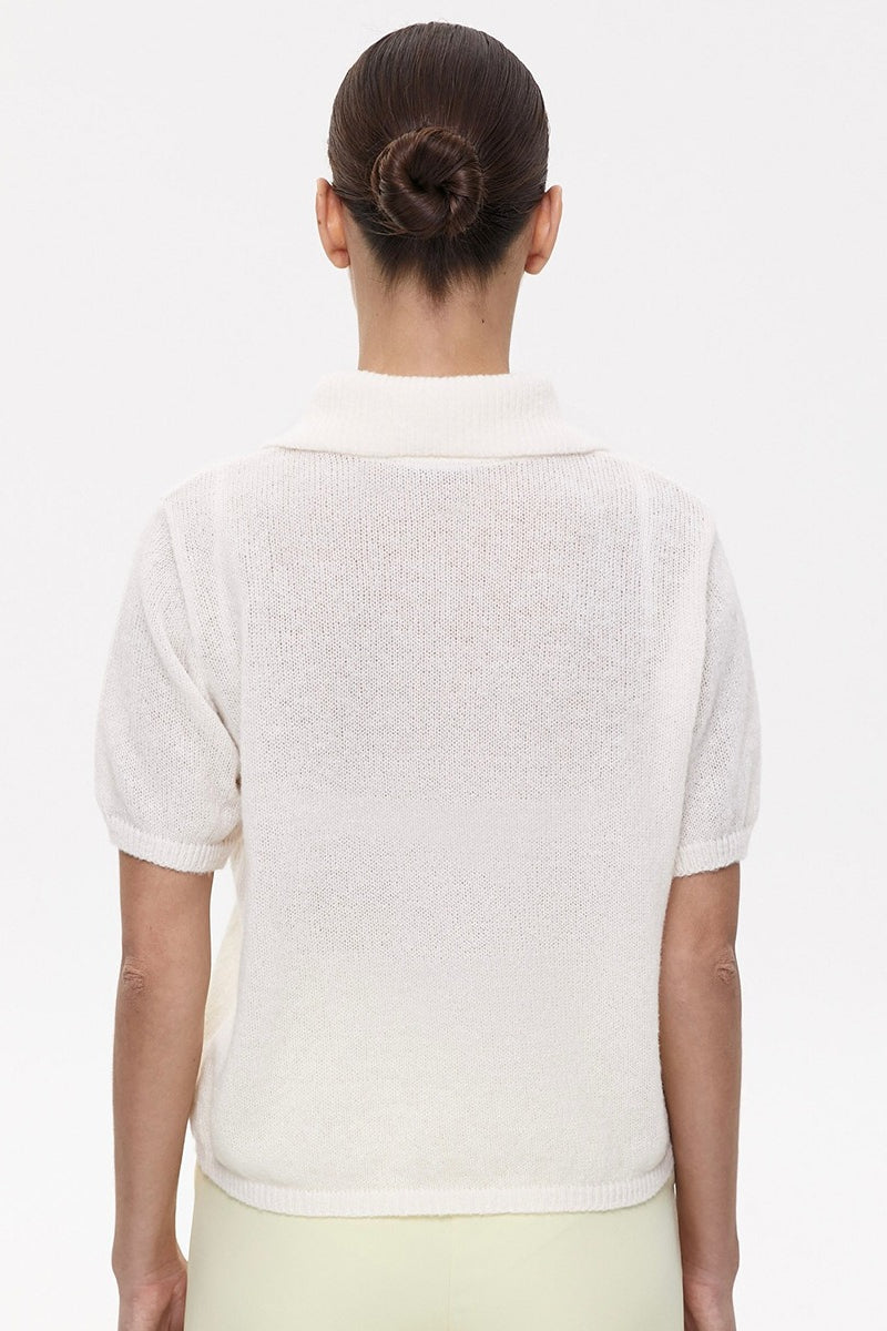 Minimalist Polo Hollow Knit Puff Sleeve Blouse image 12