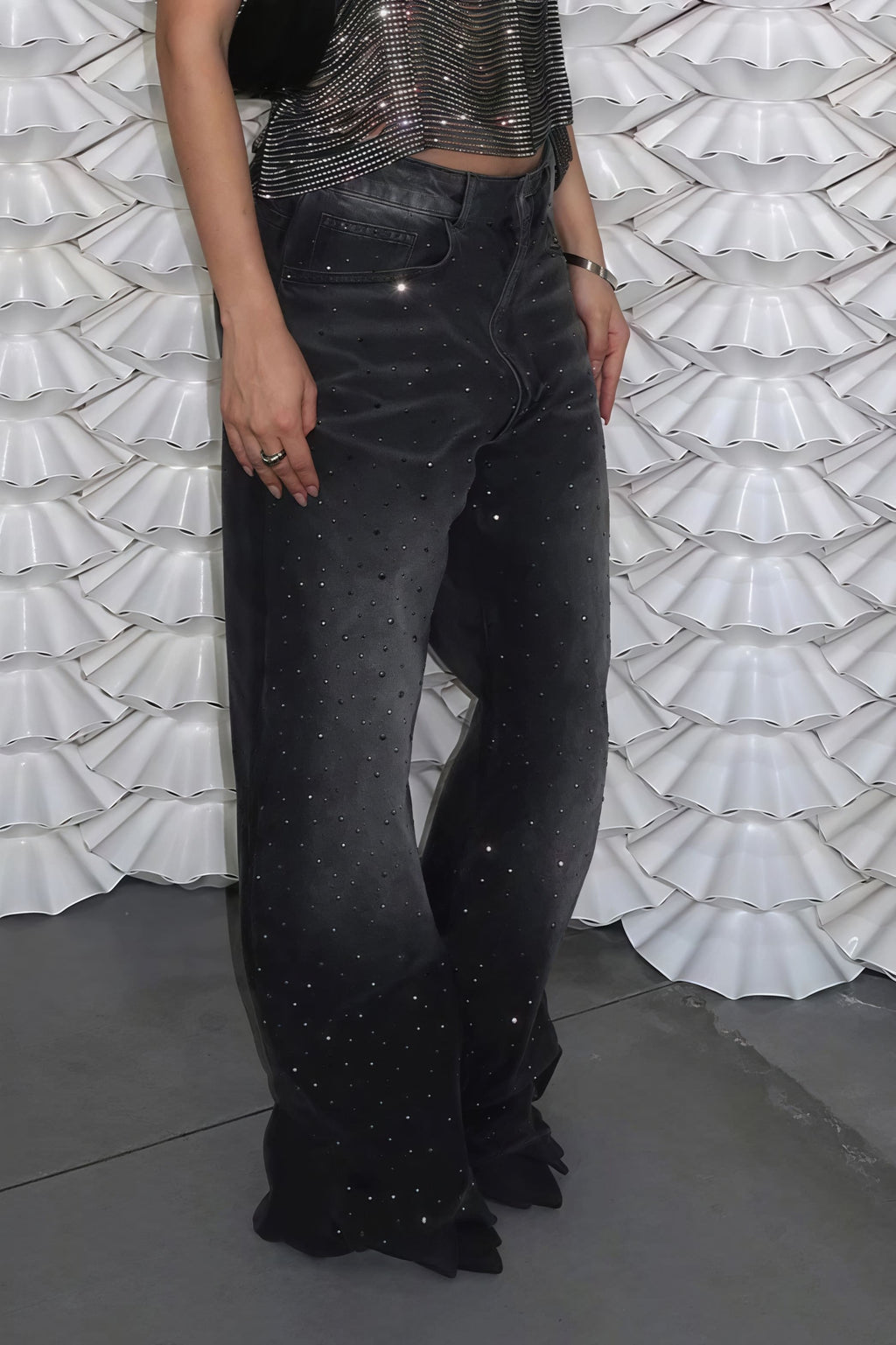Vintage Rhinestone Distressed Low Waist Wide Leg Jeans image 2