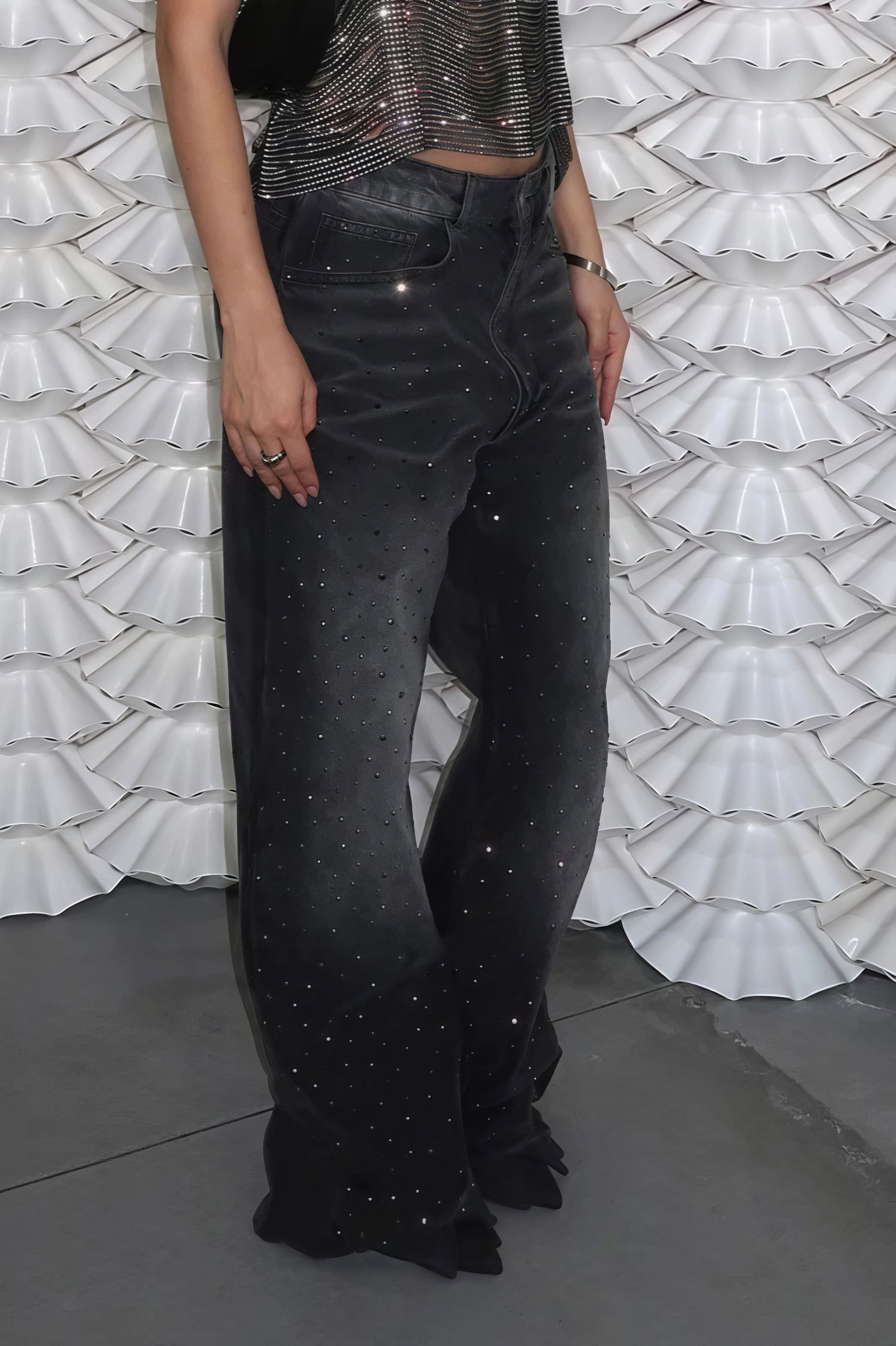 Vintage Rhinestone Distressed Low Waist Wide Leg Jeans image 2