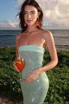 Sexy Strapless Solid Color Slim Fit Long Sequin Prom Dress image 2