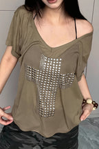 Y2K Copper Cross Print Loose T-Shirt image 1