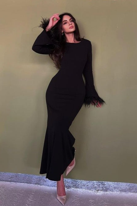 Feather Trim Bodycon Maxi Sweater Dress image 1