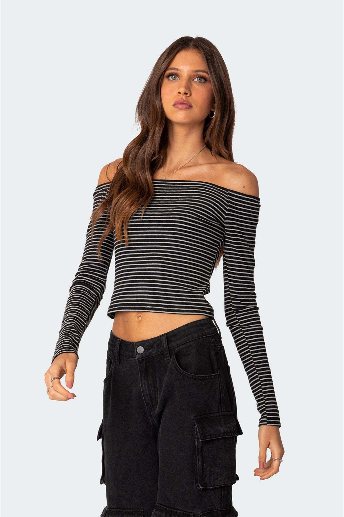 Slim Fit Striped Slit Neck Knit Top image 5