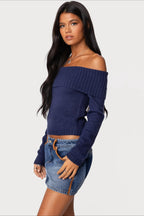 Solid Color Off-Shoulder Boat Neck Long-Sleeve Knit Top image 4