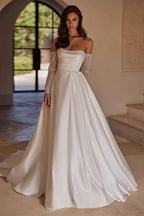 Strapless Beaded High Slit Satin Train Wedding Dress image 1