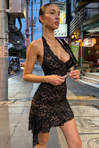 Sexy Lace Deep V Halter Open Back Ribbon Tie Mini Dress image 3