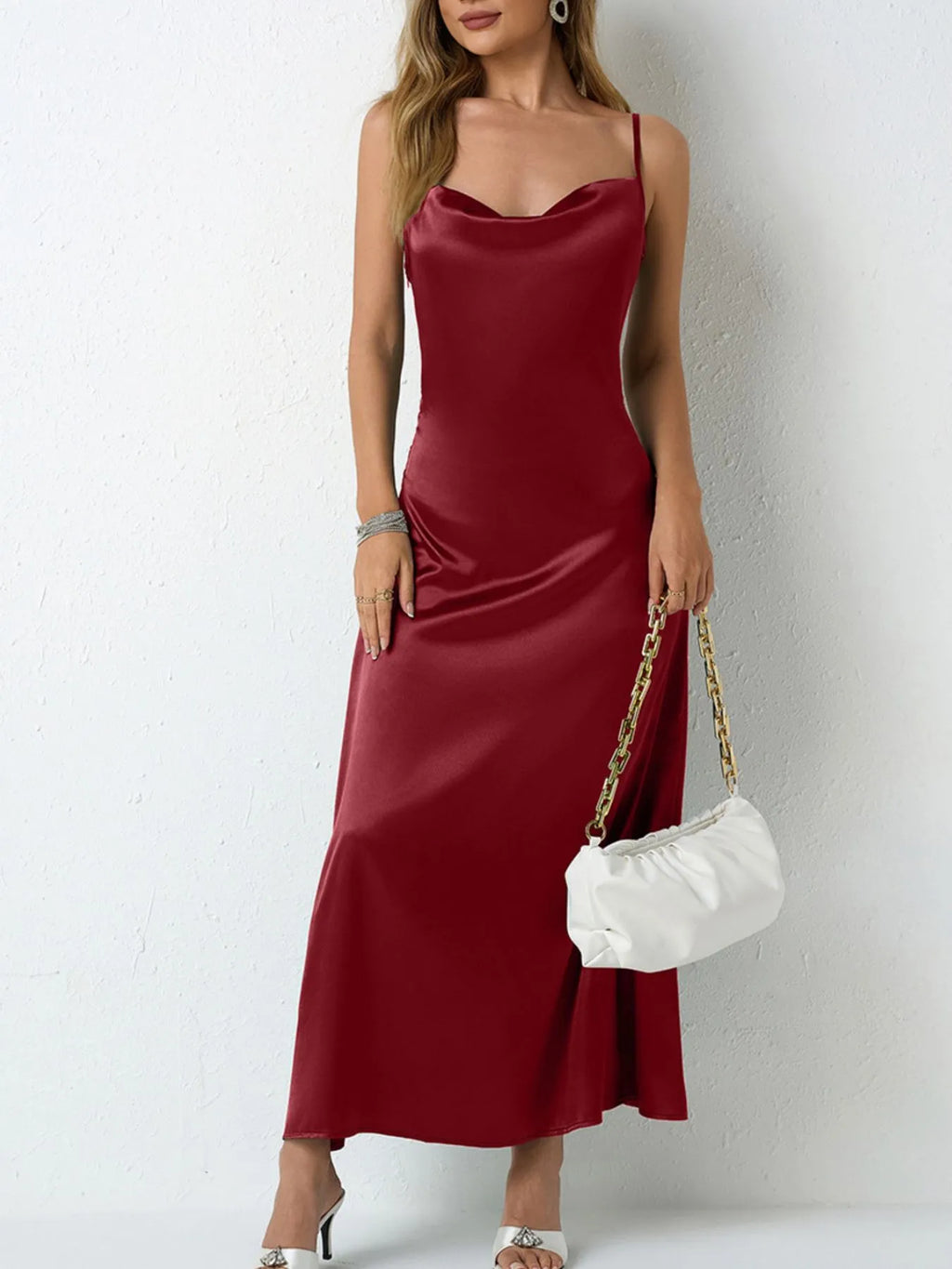 Paloma Satin Dress detail view styled for Avrienne