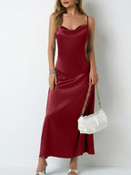 Paloma Satin Dress detail view styled for Avrienne