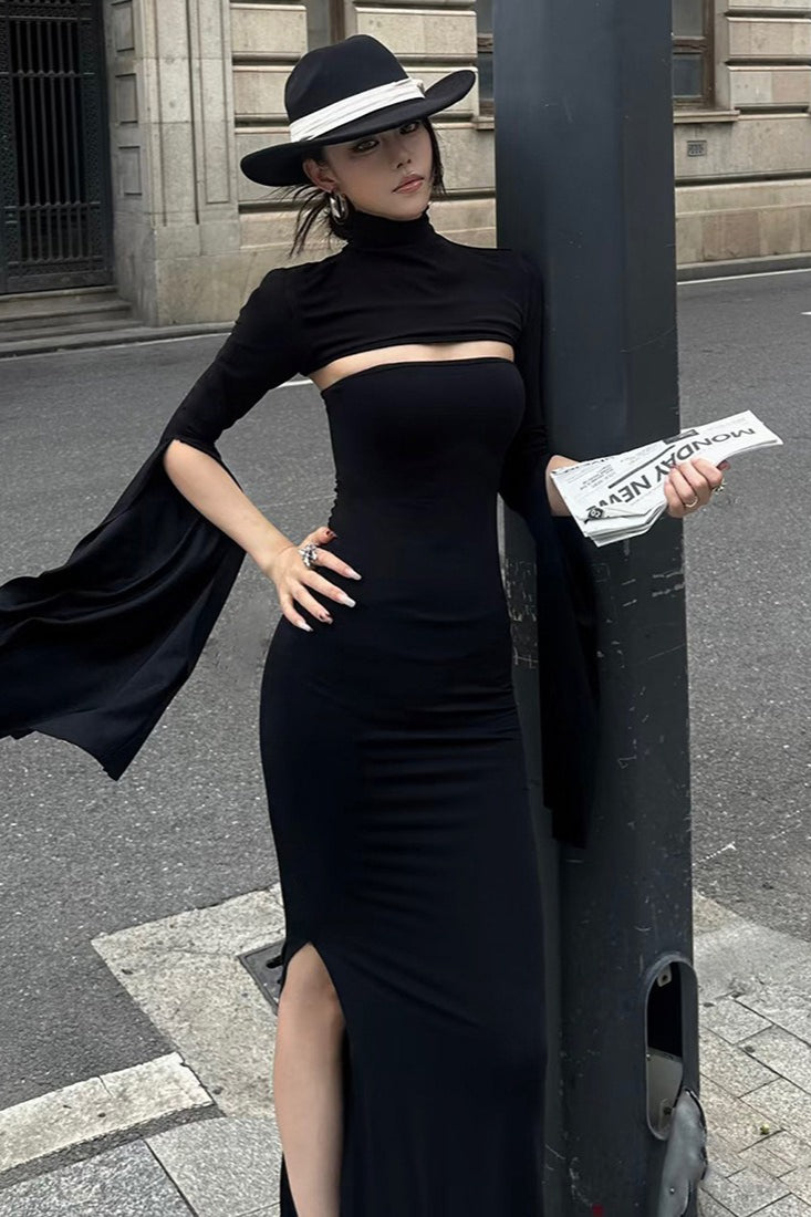 French High-End Solid Slim Asymmetric Long-Sleeve Maxi Dress image 4
