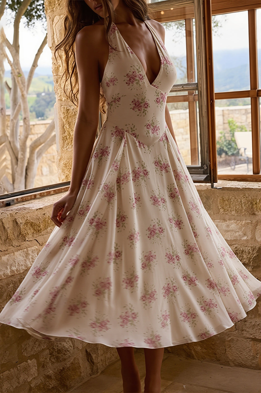 Chic Print Halter Neck V Neck Sheer Mesh Backless Midi Dress image 2