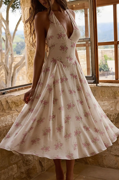 Chic Print Halter Neck V Neck Sheer Mesh Backless Midi Dress image 2